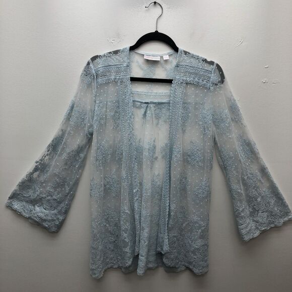 Belle Kim Gravel Lace Womens Small Blue Sheer Embroidered Duster Fairy Boho - Picture 2 of 10